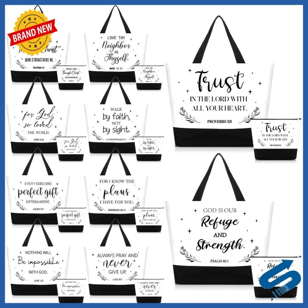 Reusable Canvas Tote Bags Set with Cosmetic Cases Christian Inspirational Gift